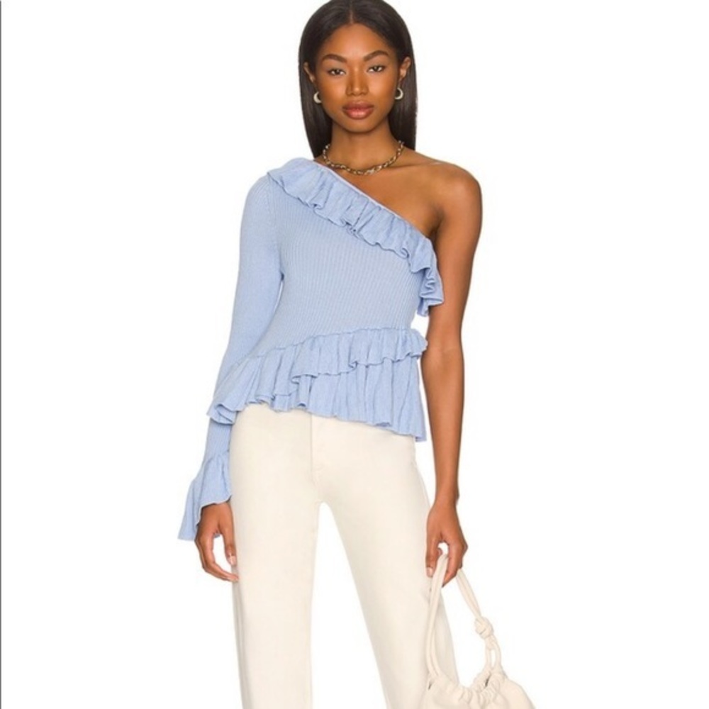LPA One-Shoulder Light Blue Ruffled Ribbed Sweater - Picture 3 of 4
